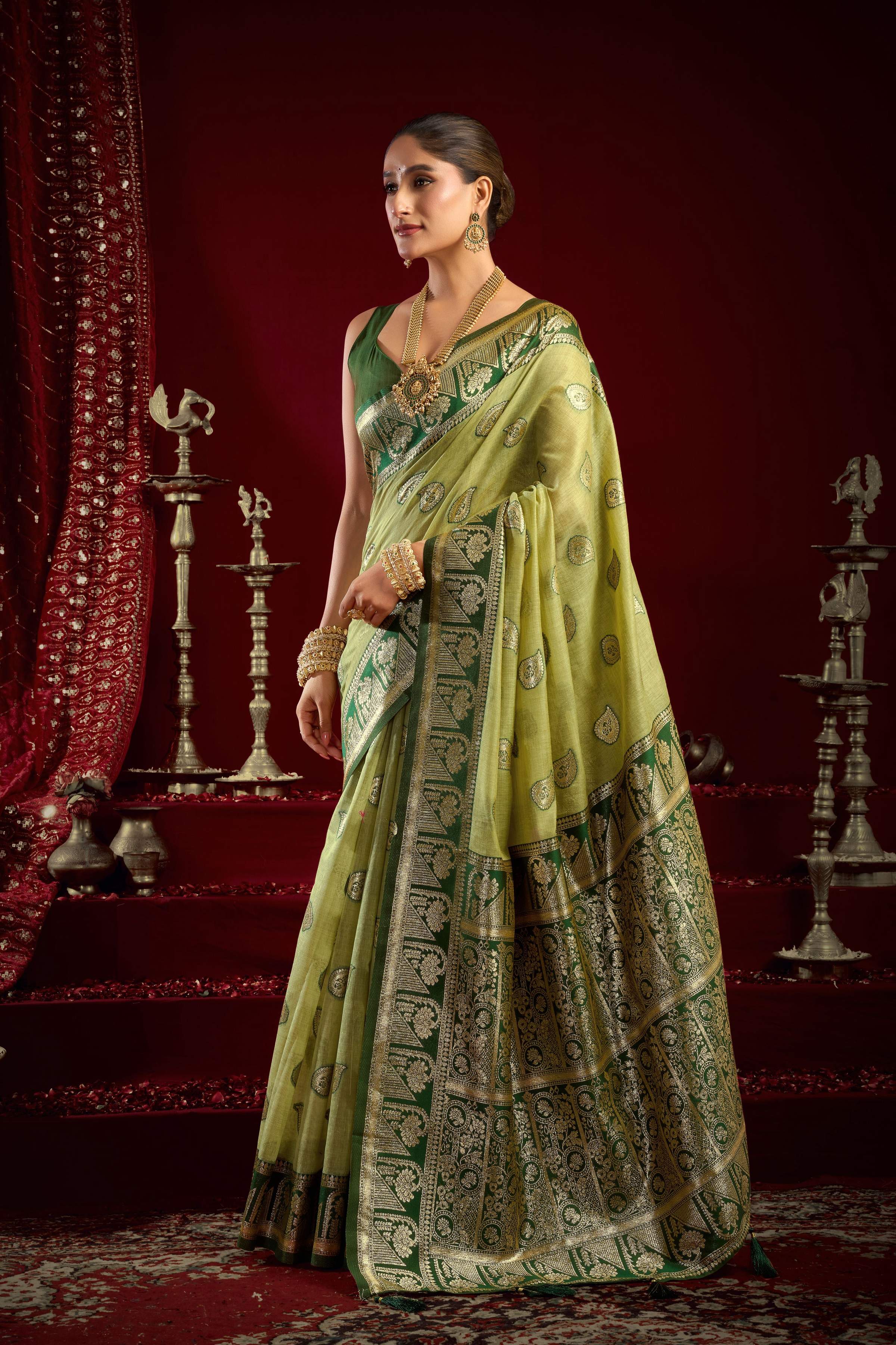 Jyoti Fashion Women's Pista Green Modal Banarasi Zari Woven Saree with Blouse | Grocsy