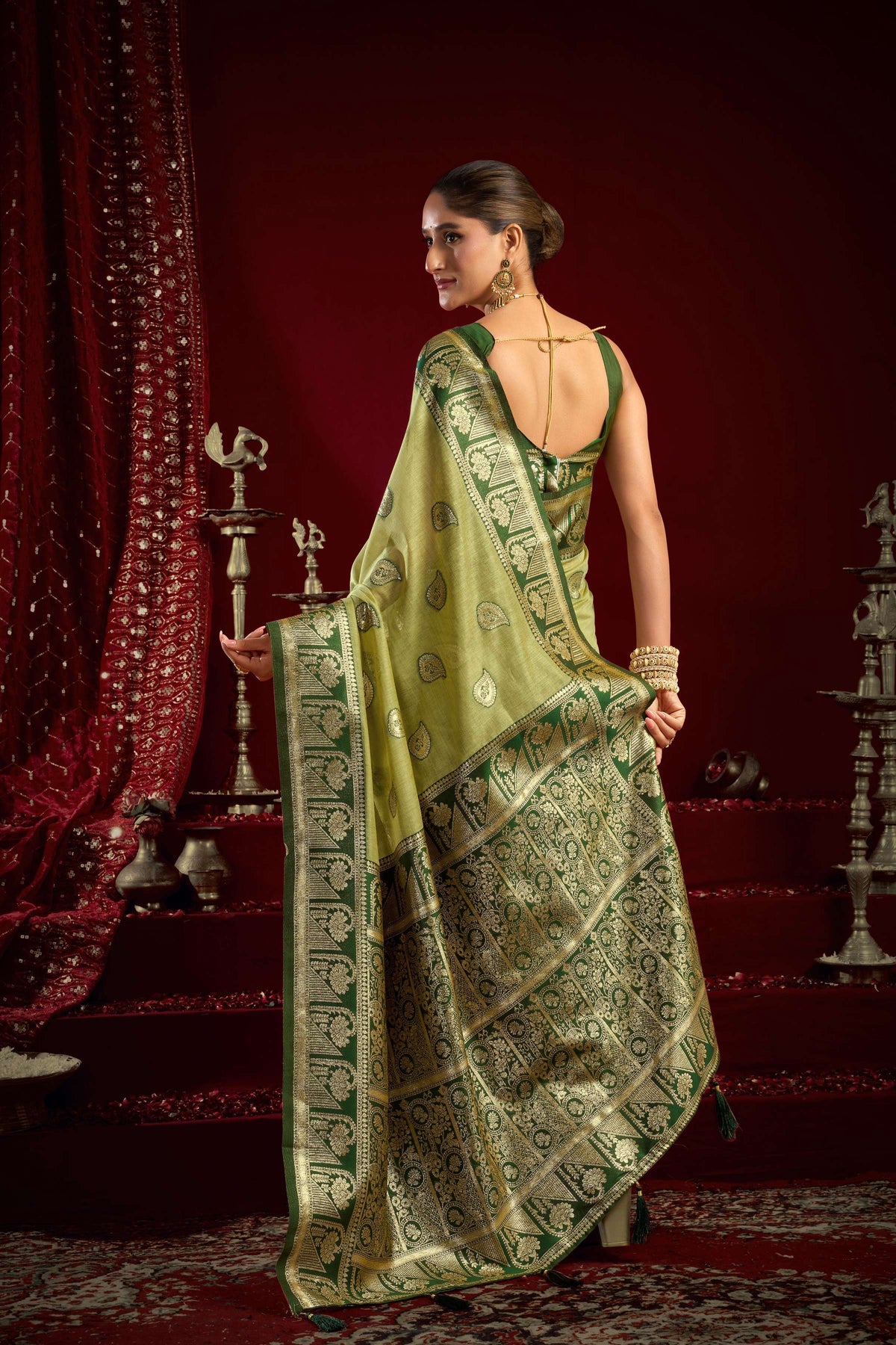 Jyoti Fashion Women's Pista Green Modal Banarasi Zari Woven Saree with Blouse | Grocsy