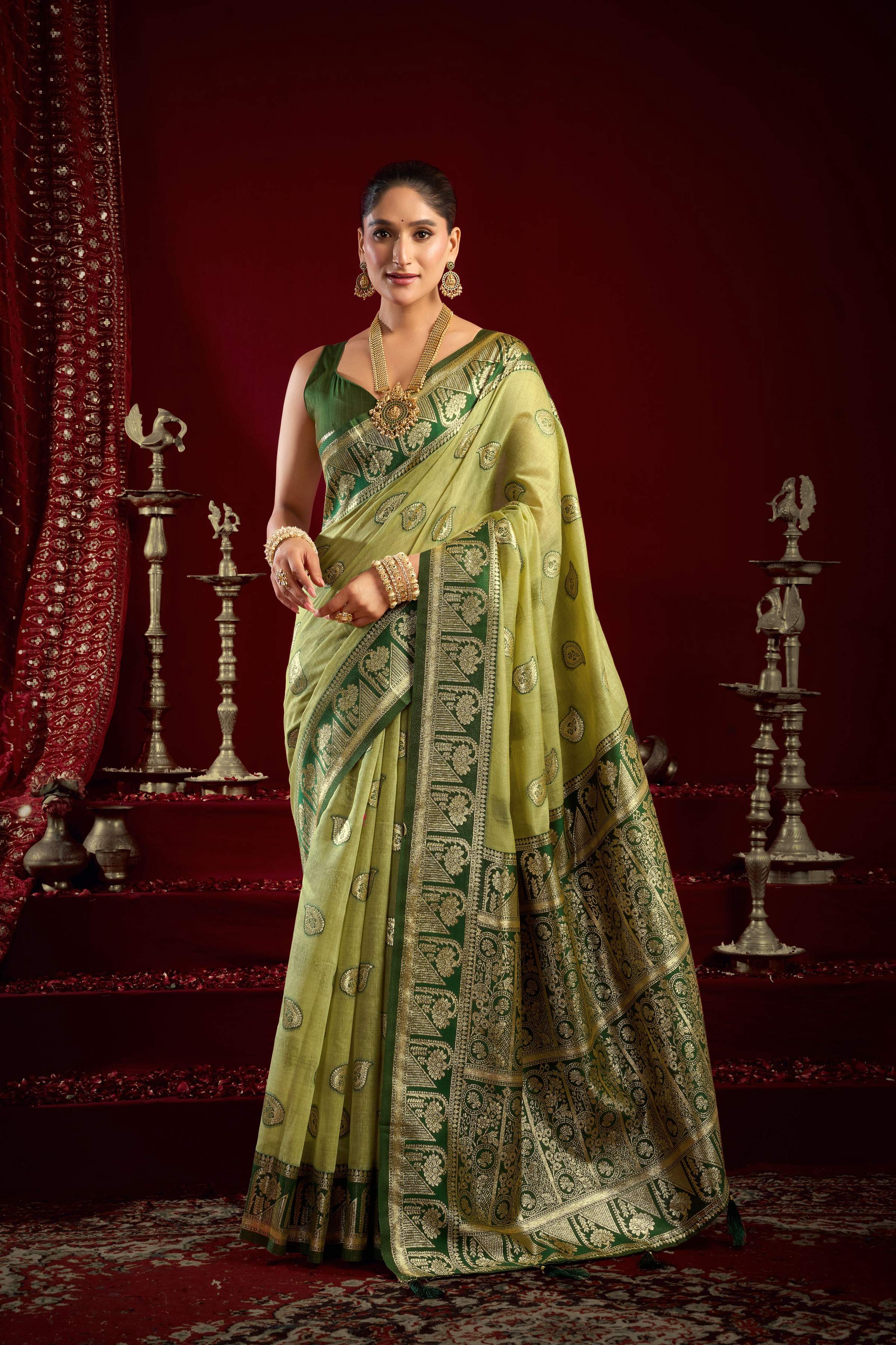 Jyoti Fashion Women's Pista Green Modal Banarasi Zari Woven Saree with Blouse | Grocsy