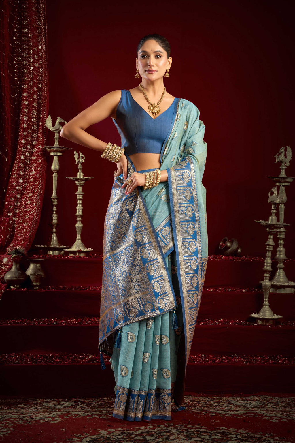 Jyoti Fashion Women's Sky Blue Modal Banarasi Zari Woven Saree with Blouse | Grocsy