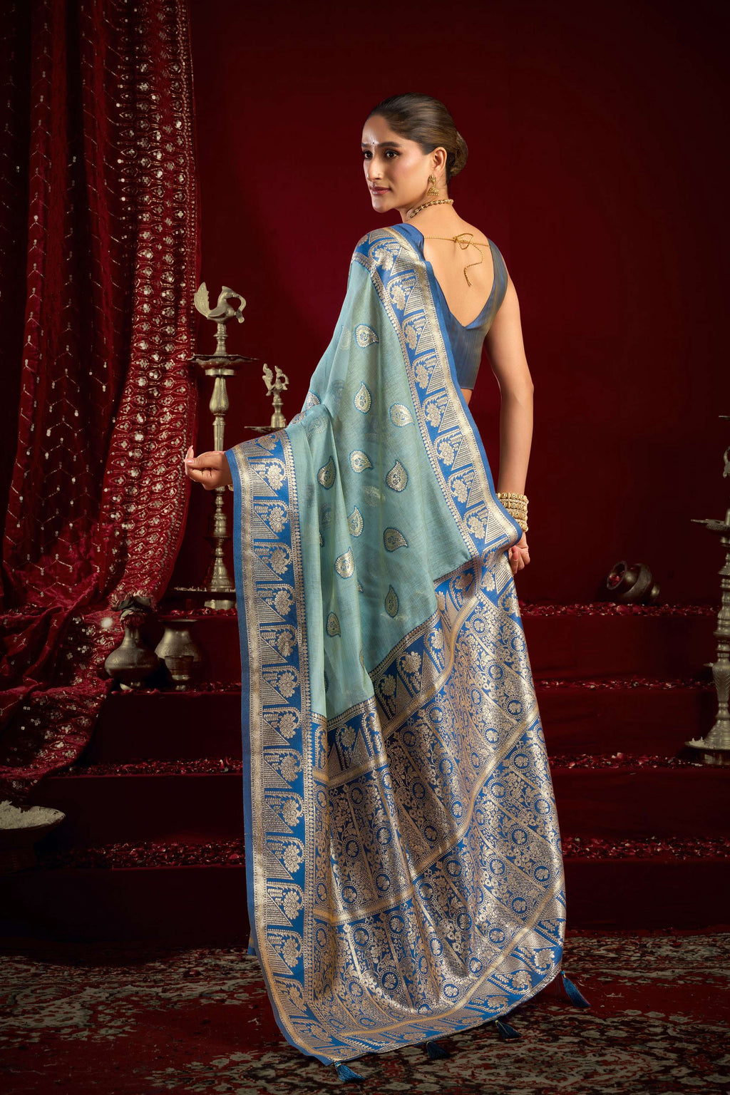 Jyoti Fashion Women's Sky Blue Modal Banarasi Zari Woven Saree with Blouse | Grocsy