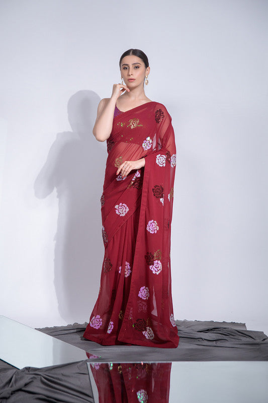 Jyoti Fashion Women's Maroon Sequence Georgette Saree with Blouse | Grocsy