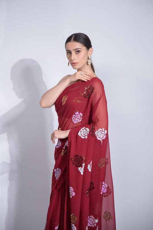 Jyoti Fashion Women's Maroon Sequence Georgette Saree with Blouse | Grocsy