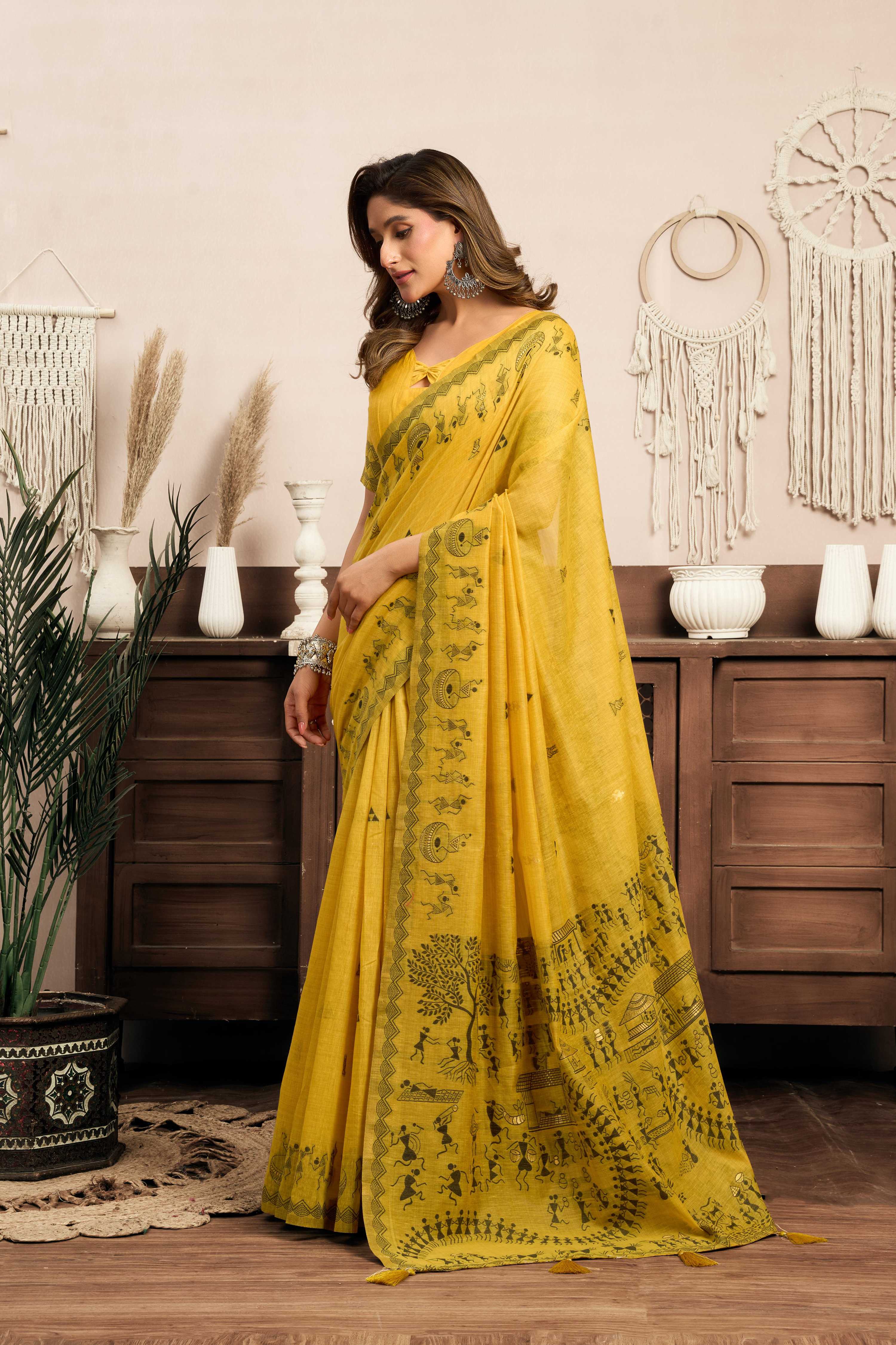Jyoti Fashion Women's Mustard Modal Art Silk Warli Work Saree with Blouse | Grocsy
