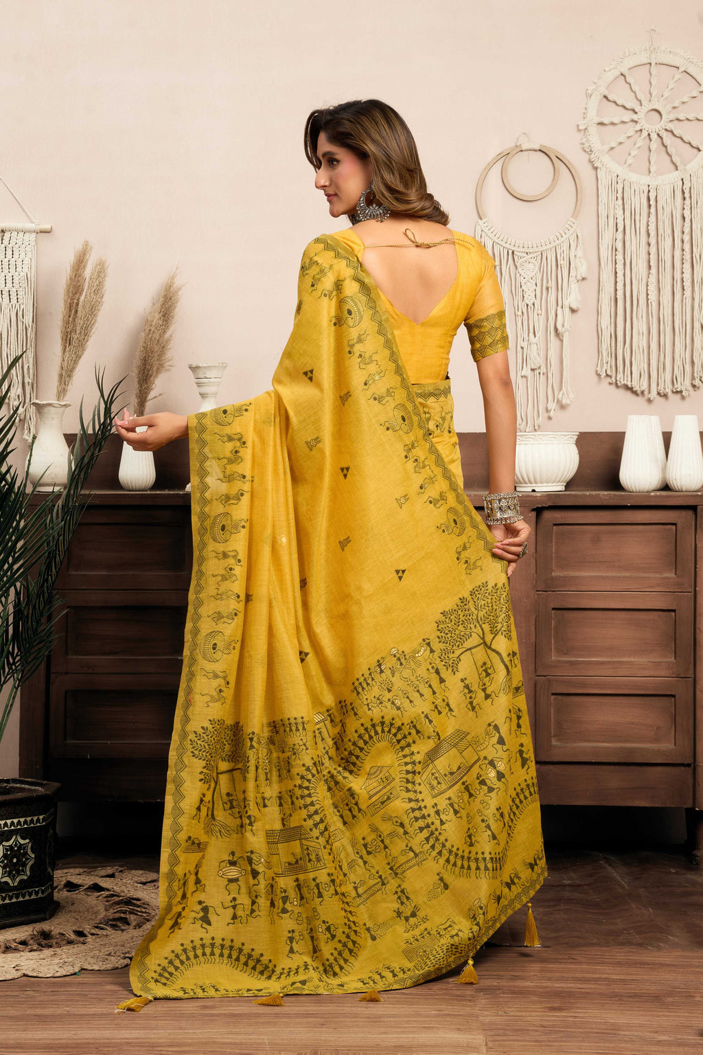 Jyoti Fashion Women's Mustard Modal Art Silk Warli Work Saree with Blouse | Grocsy