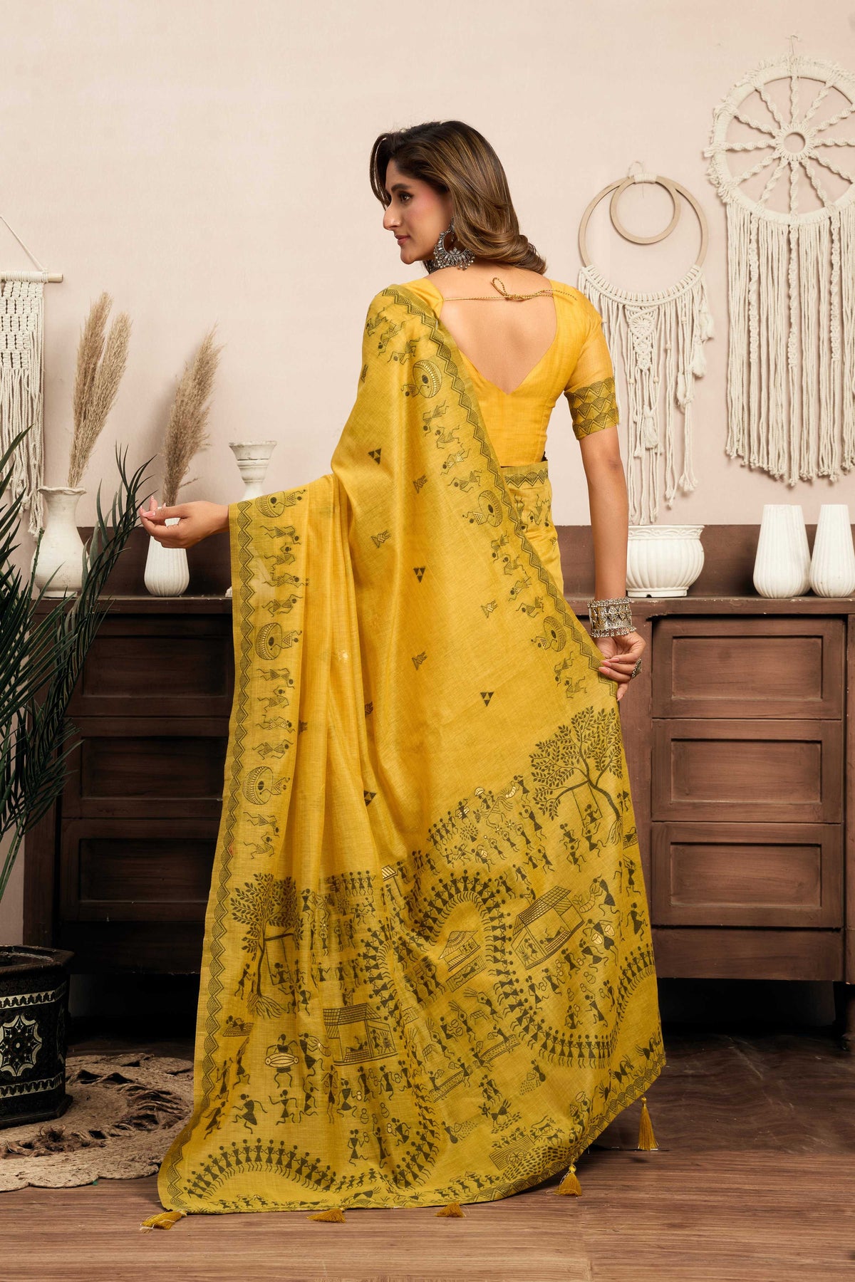 Jyoti Fashion Women's Mustard Modal Art Silk Warli Work Saree with Blouse | Grocsy