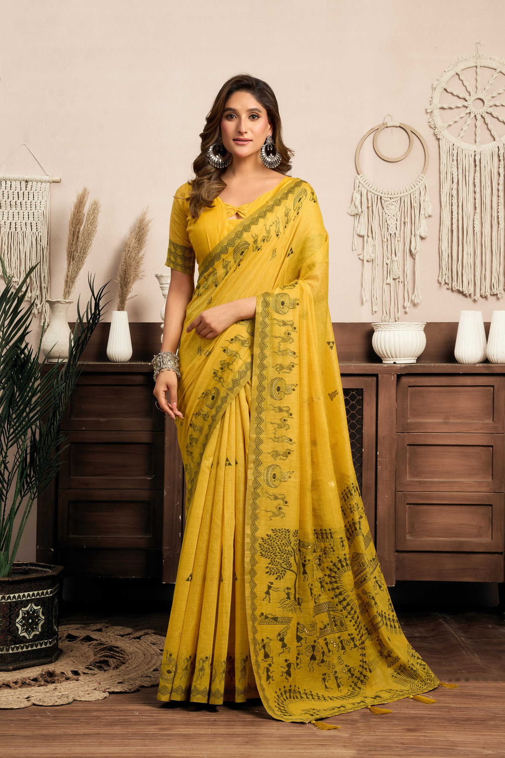 Jyoti Fashion Women's Mustard Modal Art Silk Warli Work Saree with Blouse | Grocsy
