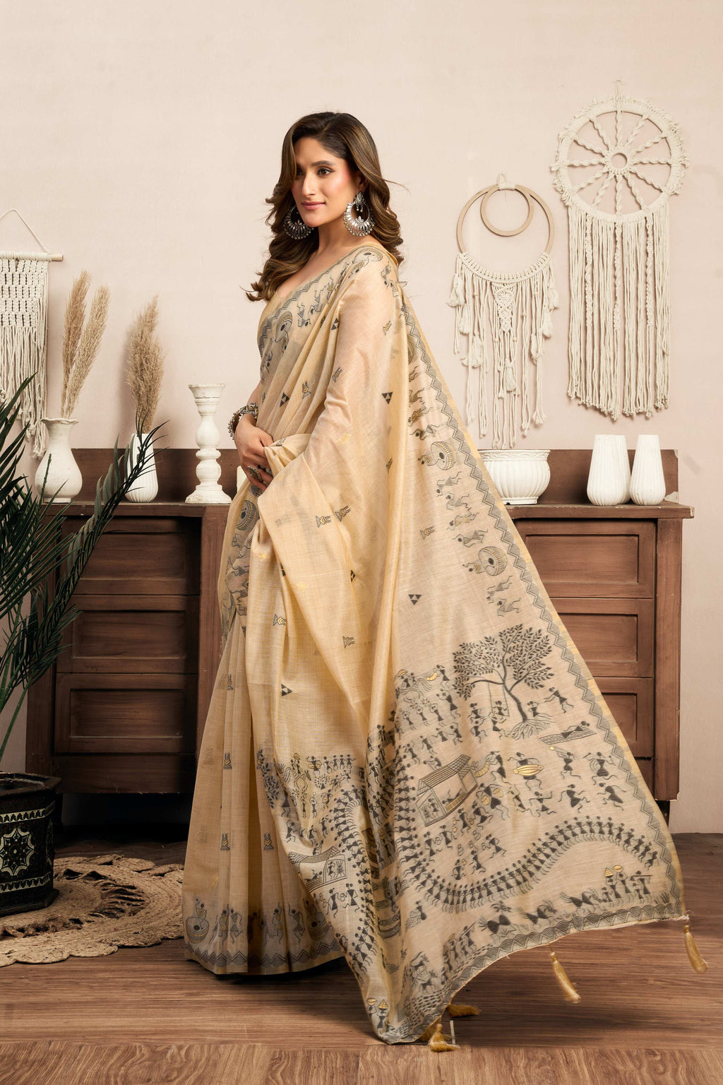 Jyoti Fashion Women's Cream Modal Art Silk Warli Work Saree with Blouse | Grocsy