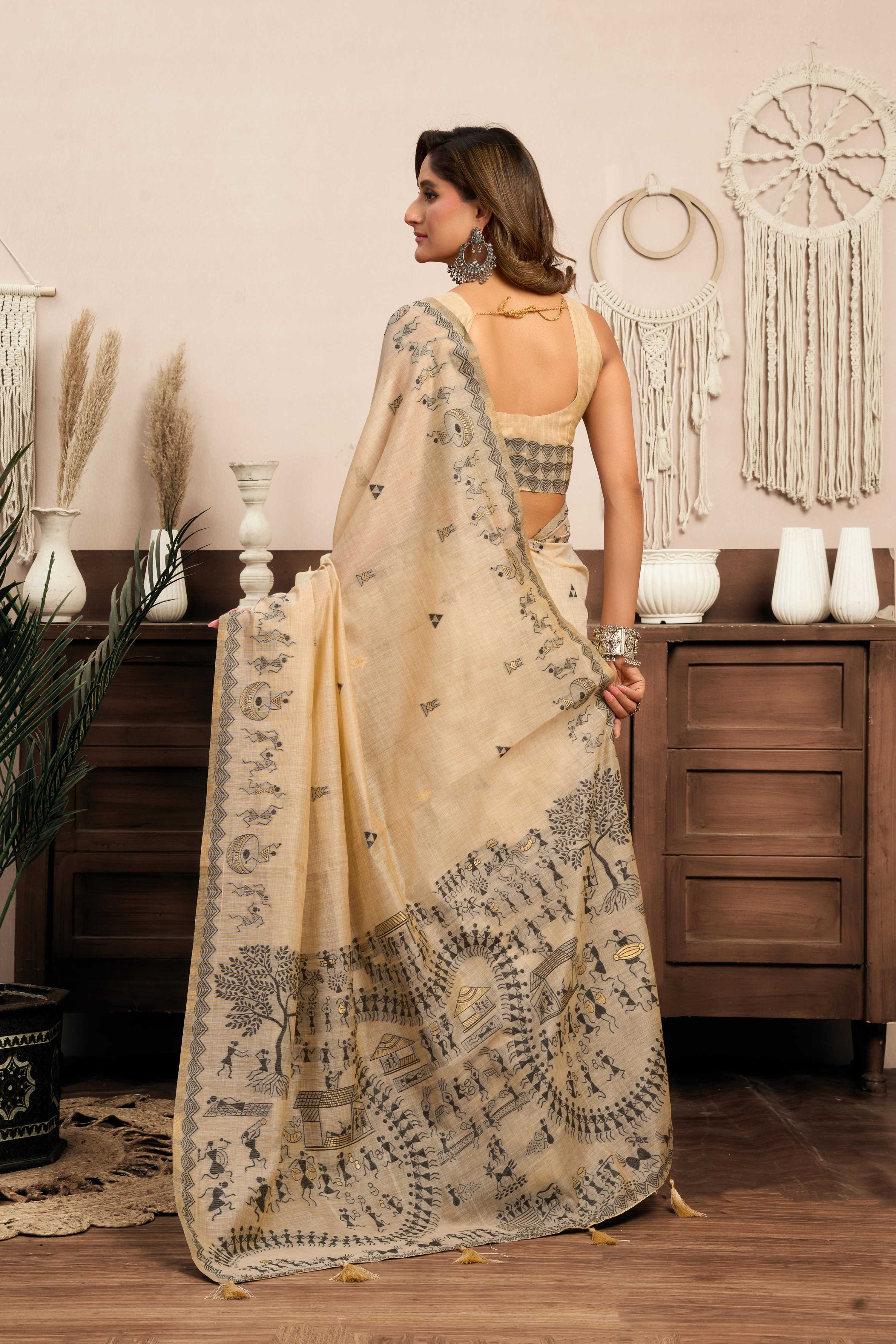 Jyoti Fashion Women's Cream Modal Art Silk Warli Work Saree with Blouse | Grocsy