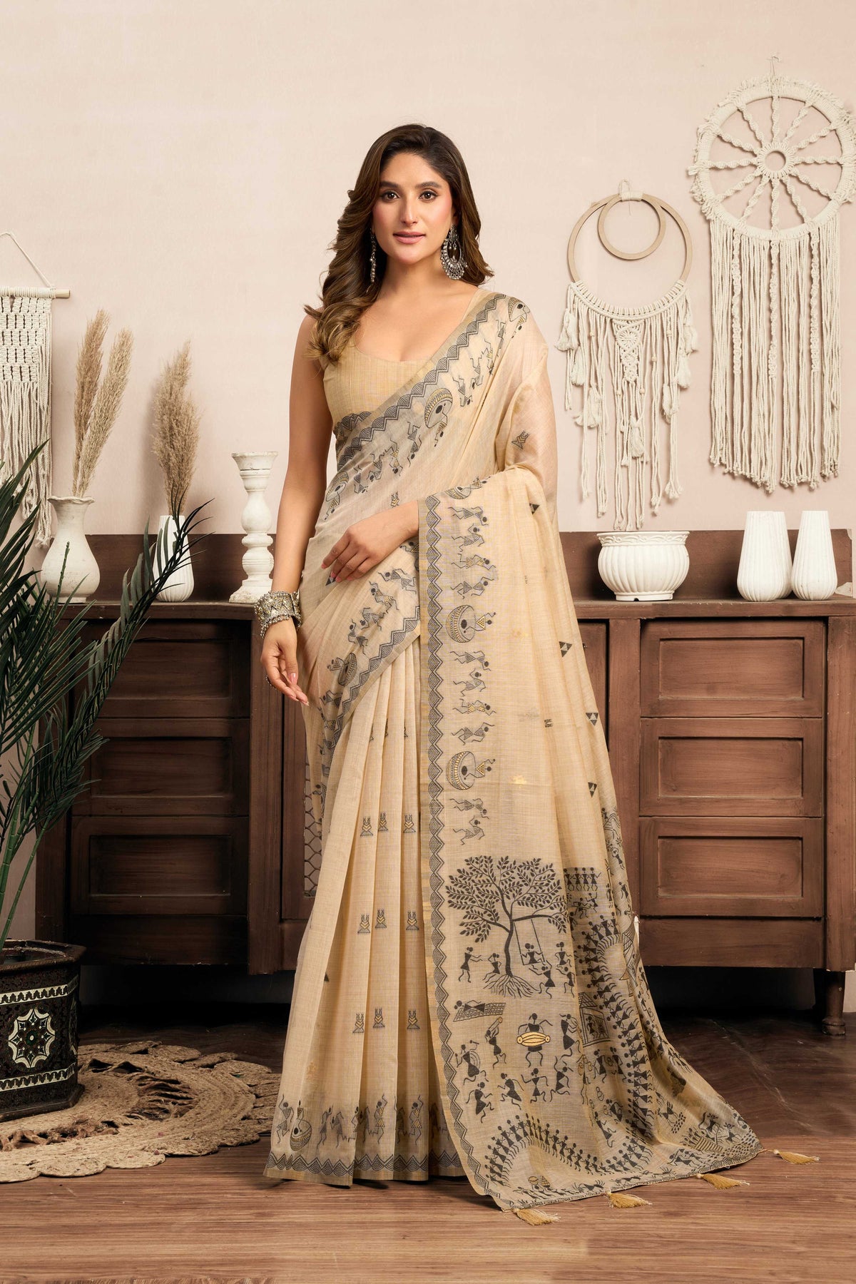 Jyoti Fashion Women's Cream Modal Art Silk Warli Work Saree with Blouse | Grocsy