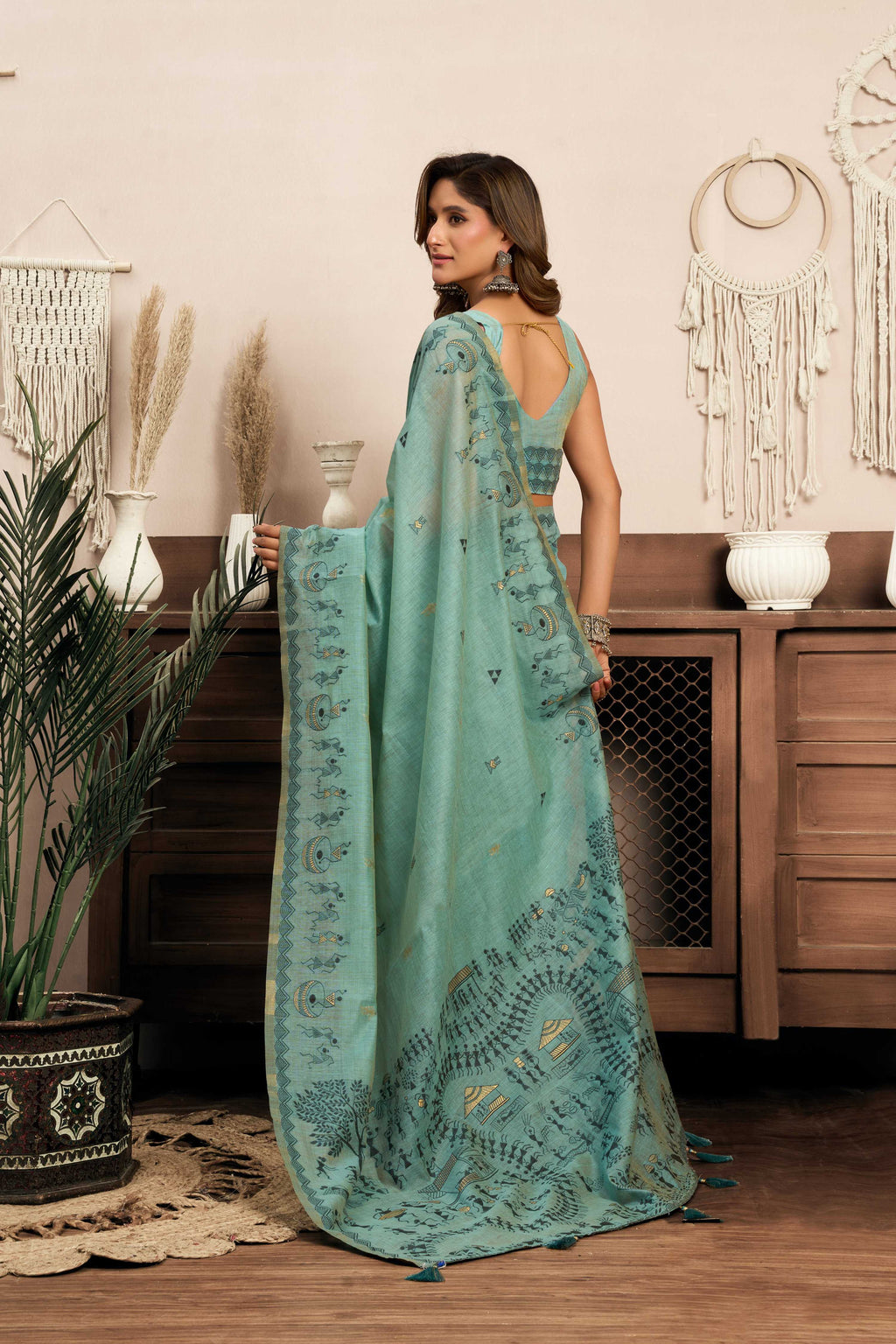 Jyoti Fashion Women's Sky Blue Modal Art Silk Warli Work Saree with Blouse | Grocsy