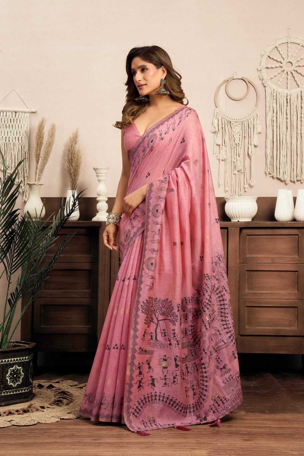 Jyoti Fashion Women's Pink Modal Art Silk Warli Work Saree with Blouse | Grocsy