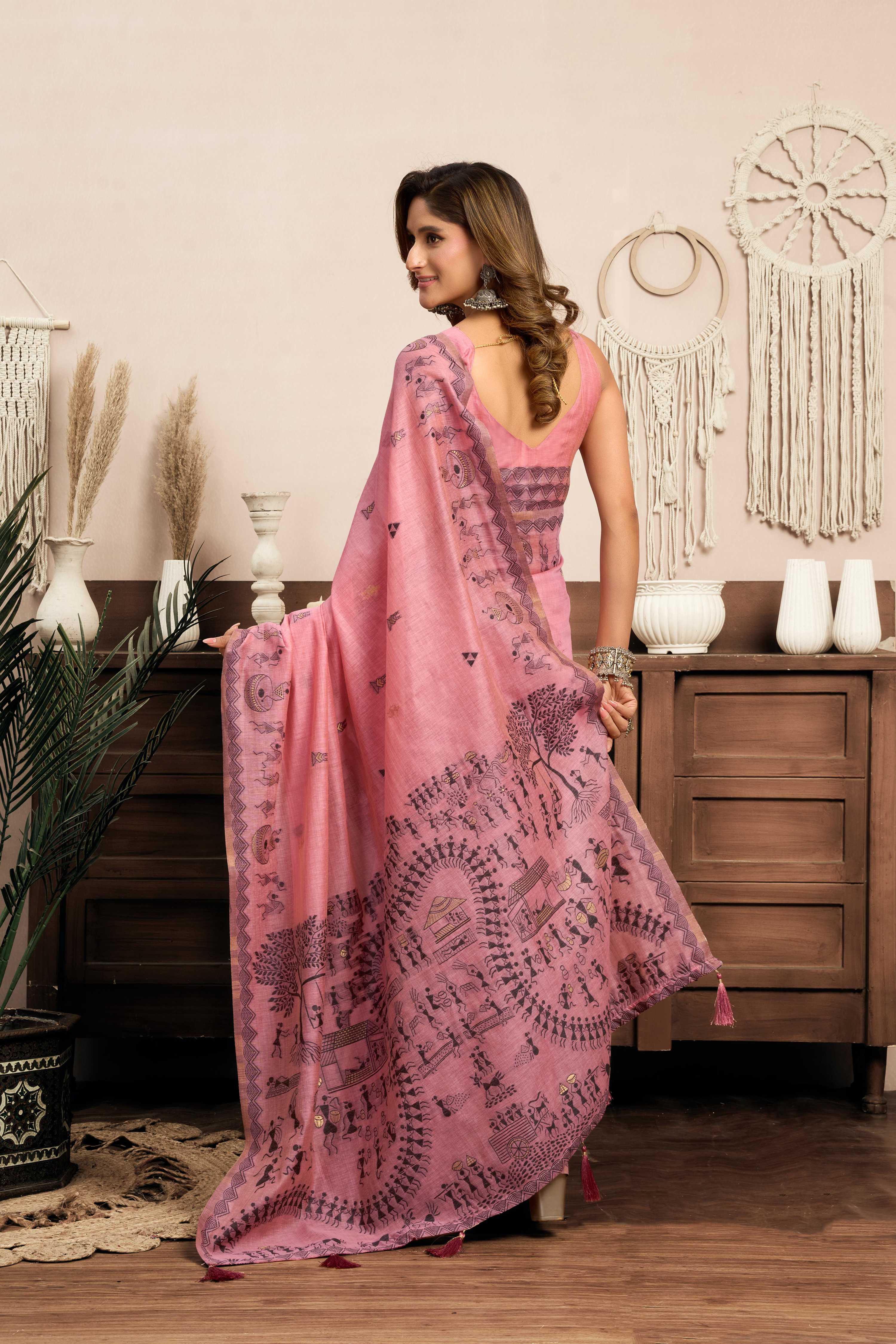 Jyoti Fashion Women's Pink Modal Art Silk Warli Work Saree with Blouse | Grocsy