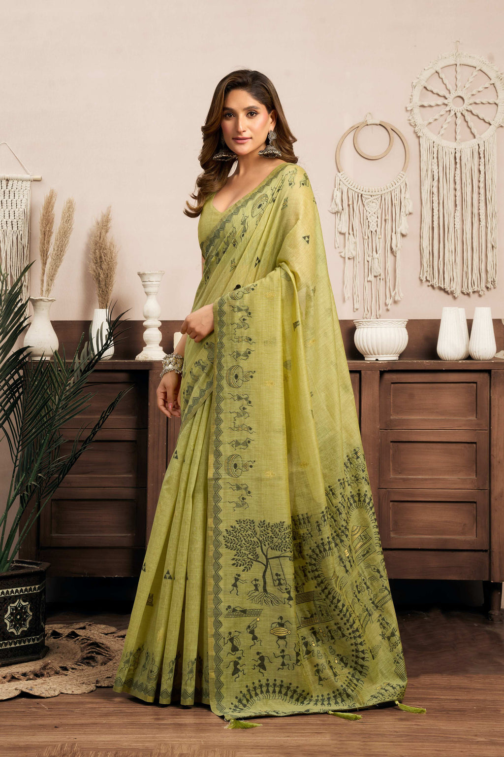 Jyoti Fashion Women's Green Modal Art Silk Warli Work Saree with Blouse | Grocsy