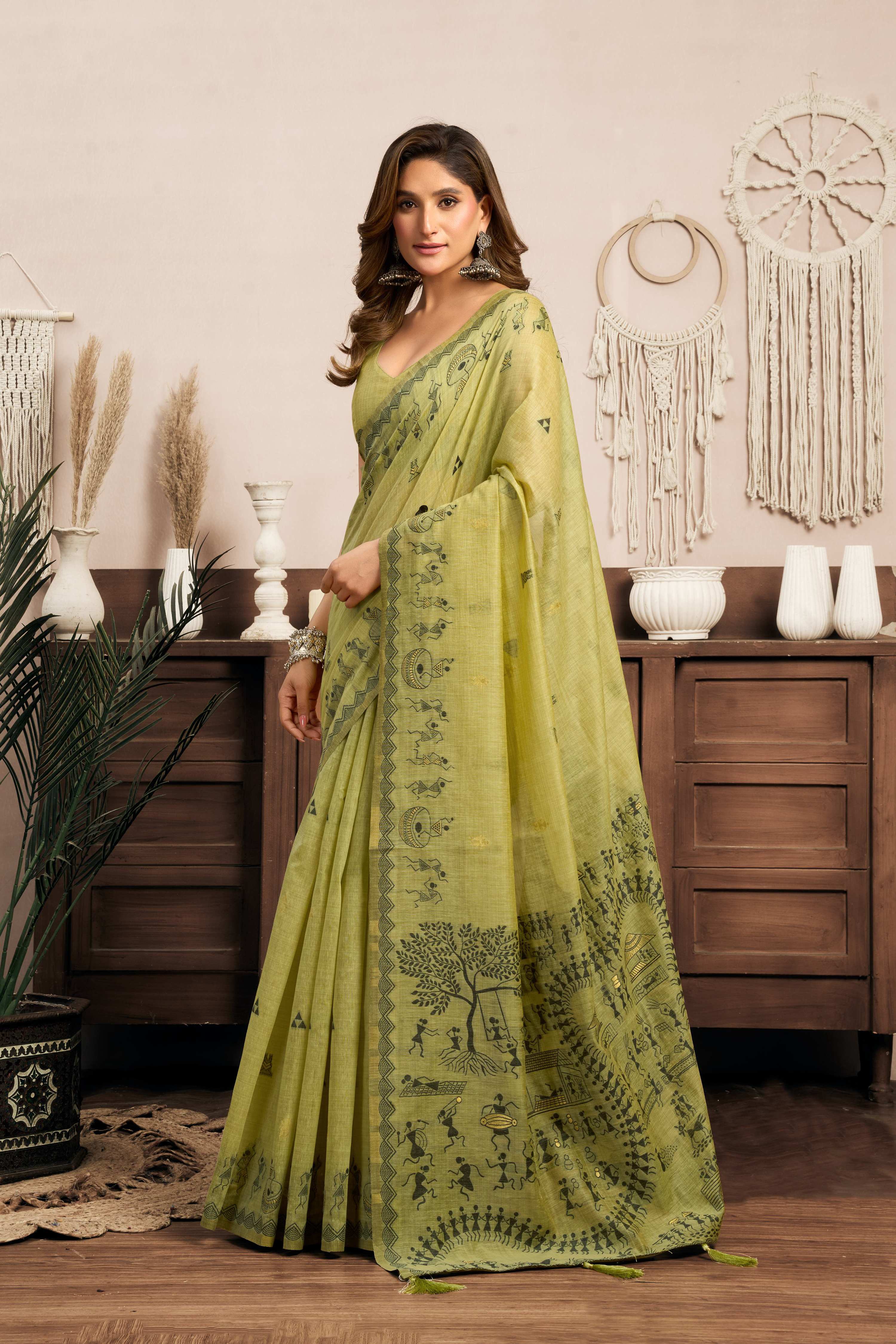 Jyoti Fashion Women's Green Modal Art Silk Warli Work Saree with Blouse | Grocsy