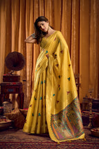 Jyoti Fashion Women's Yellow Khadi Cotton Mina Work Saree with Blouse | Grocsy