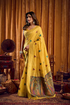 Jyoti Fashion Women's Yellow Khadi Cotton Mina Work Saree with Blouse | Grocsy