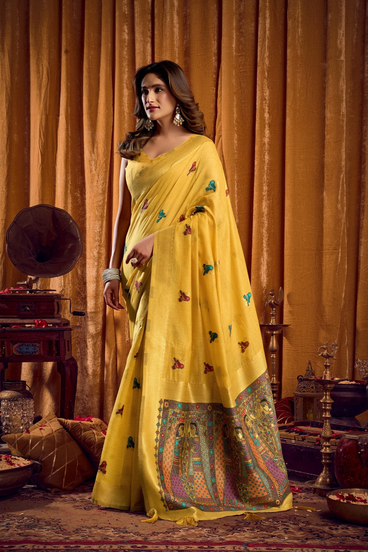 Jyoti Fashion Women's Yellow Khadi Cotton Mina Work Saree with Blouse | Grocsy
