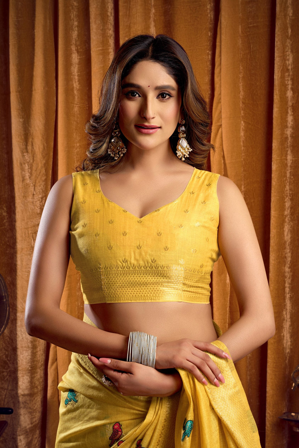 Jyoti Fashion Women's Yellow Khadi Cotton Mina Work Saree with Blouse | Grocsy