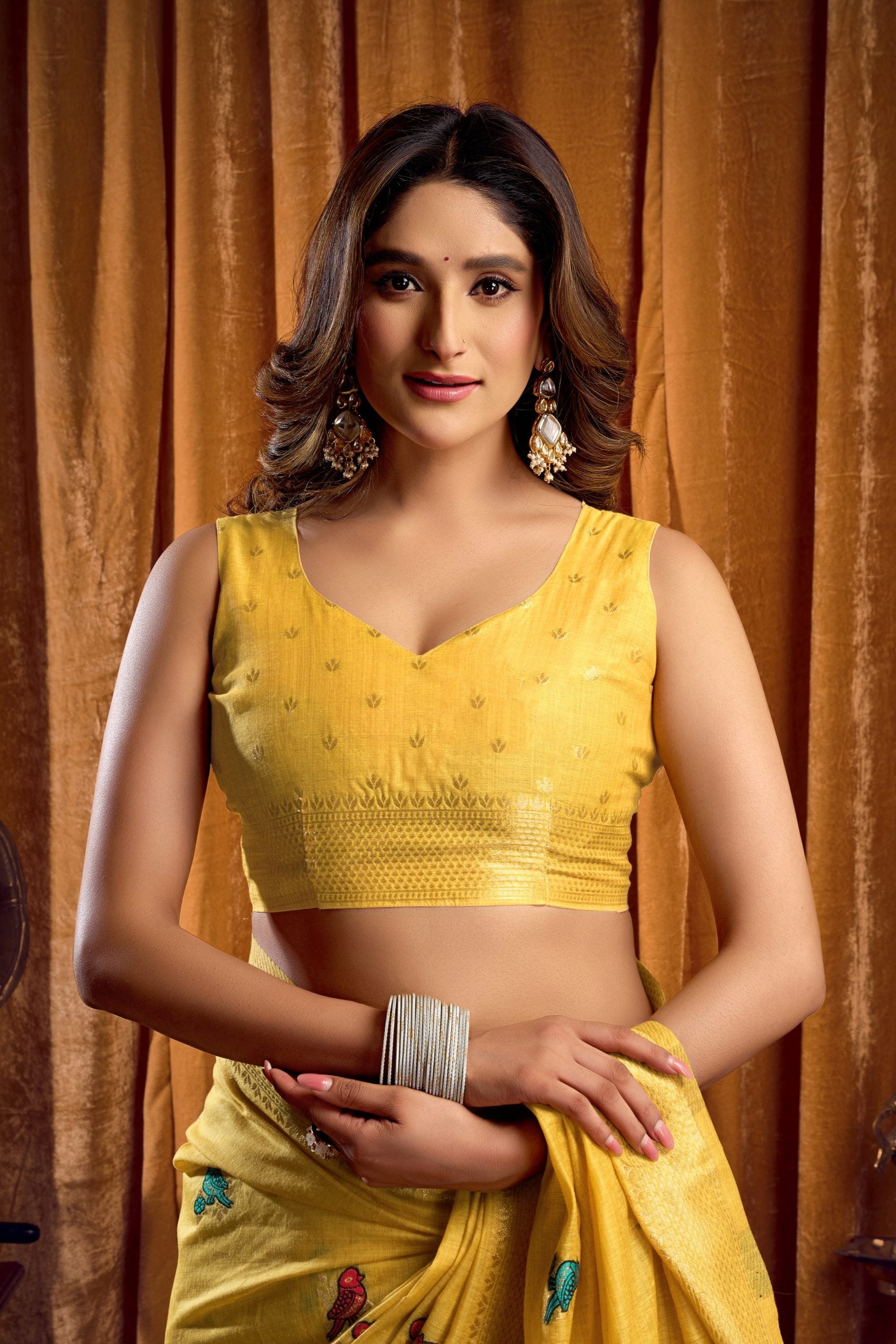 Jyoti Fashion Women's Yellow Khadi Cotton Mina Work Saree with Blouse | Grocsy