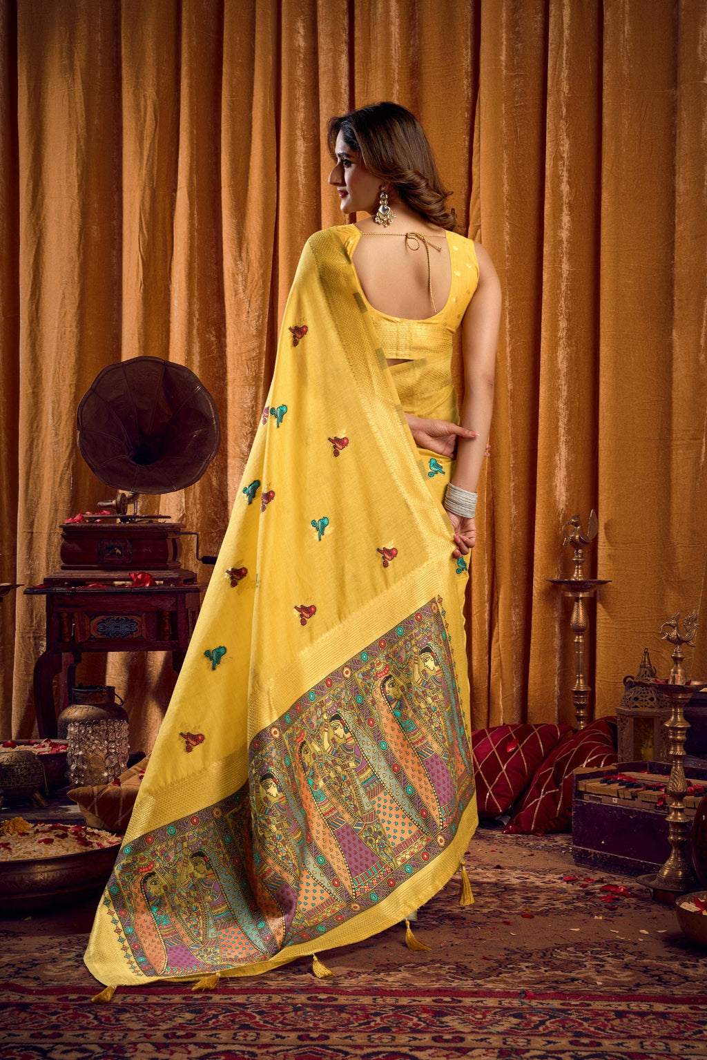 Jyoti Fashion Women's Yellow Khadi Cotton Mina Work Saree with Blouse | Grocsy