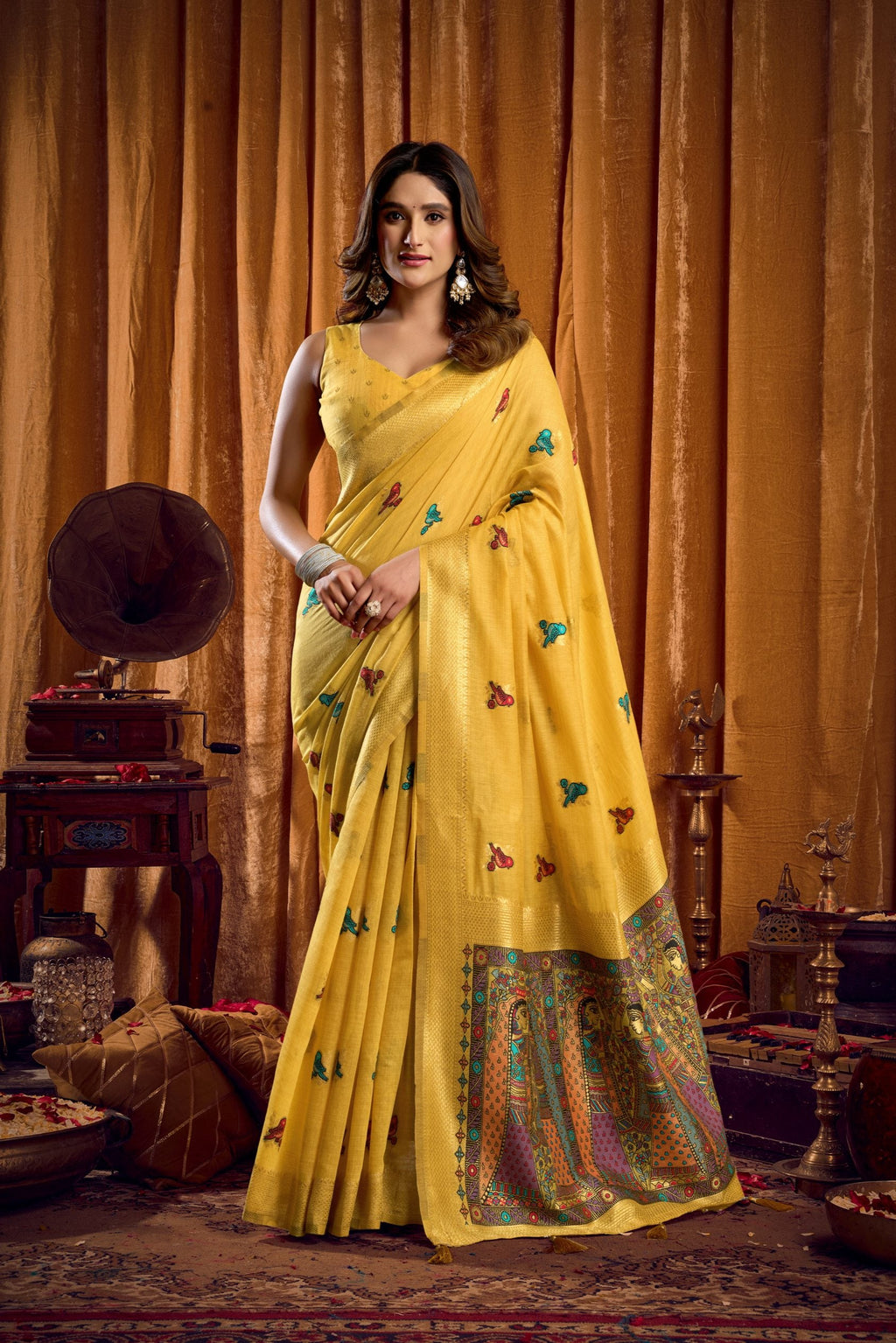 Jyoti Fashion Women's Yellow Khadi Cotton Mina Work Saree with Blouse | Grocsy