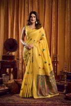 Jyoti Fashion Women's Yellow Khadi Cotton Mina Work Saree with Blouse | Grocsy