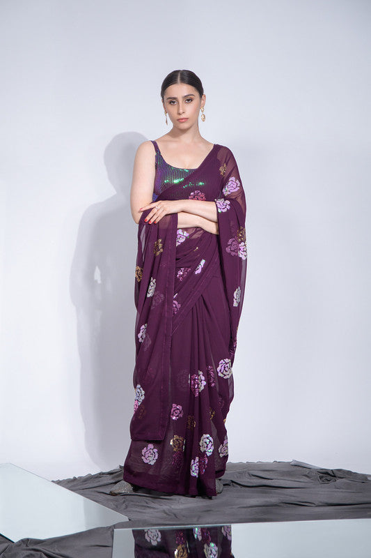 Jyoti Fashion Women's Wine Sequence Georgette Saree with Blouse | Grocsy