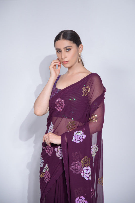 Jyoti Fashion Women's Wine Sequence Georgette Saree with Blouse | Grocsy