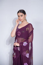 Jyoti Fashion Women's Wine Sequence Georgette Saree with Blouse | Grocsy