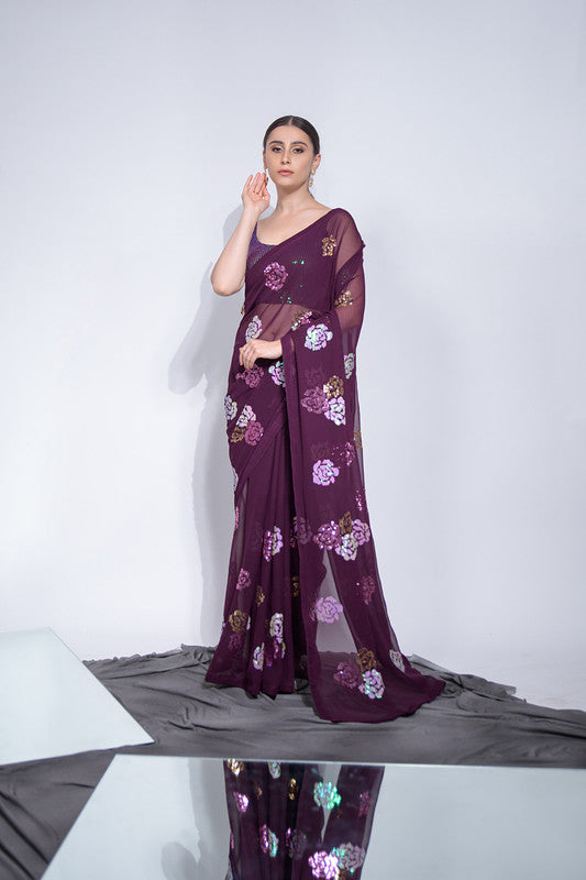 Jyoti Fashion Women's Wine Sequence Georgette Saree with Blouse | Grocsy