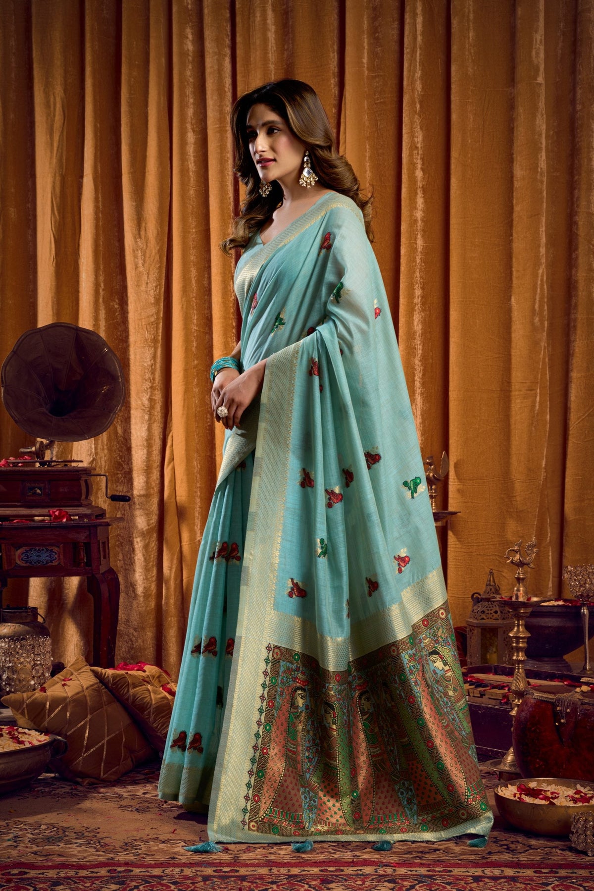 Jyoti Fashion Women's Sky Blue Khadi Cotton Mina Work Saree with Blouse | Grocsy