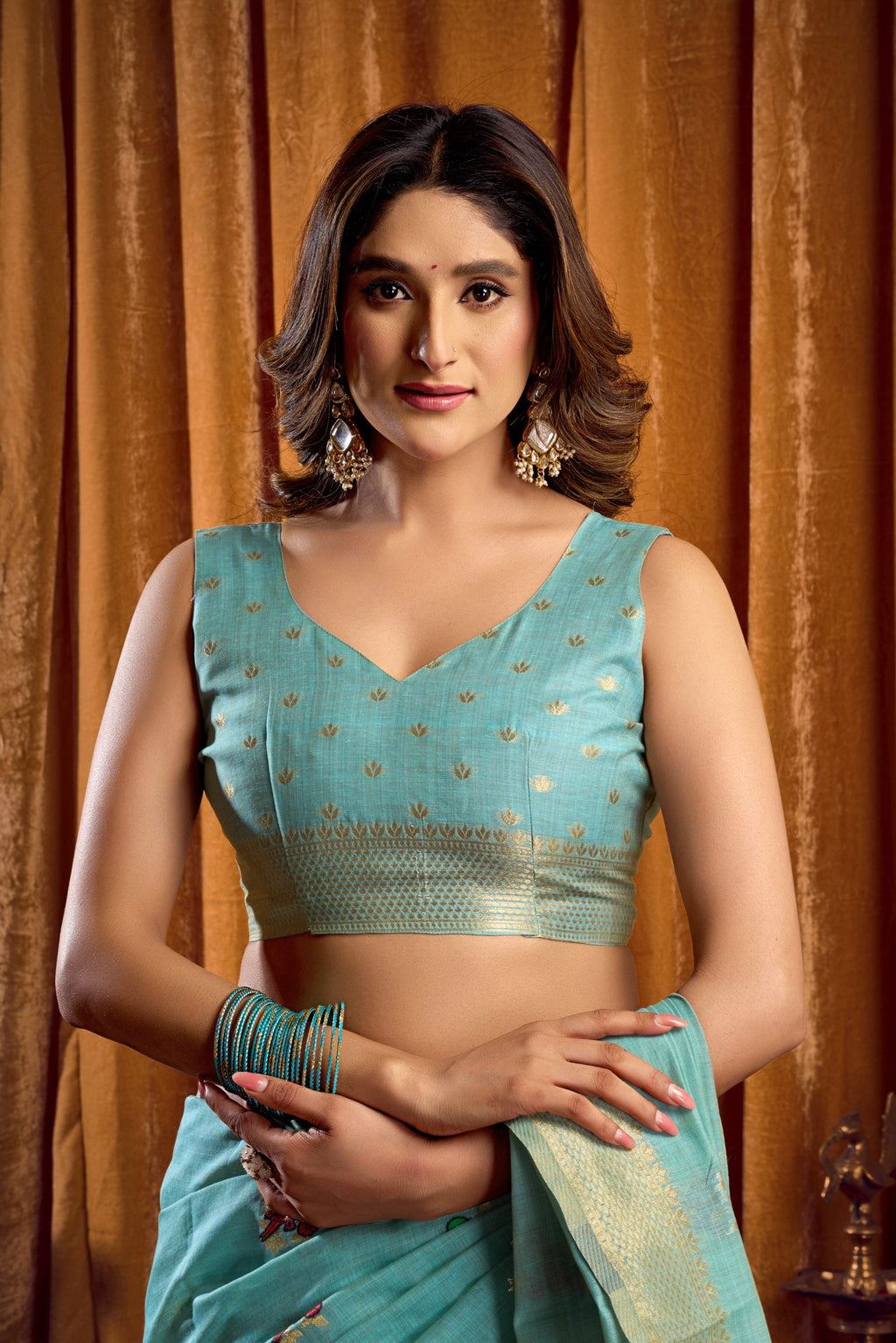 Jyoti Fashion Women's Sky Blue Khadi Cotton Mina Work Saree with Blouse | Grocsy