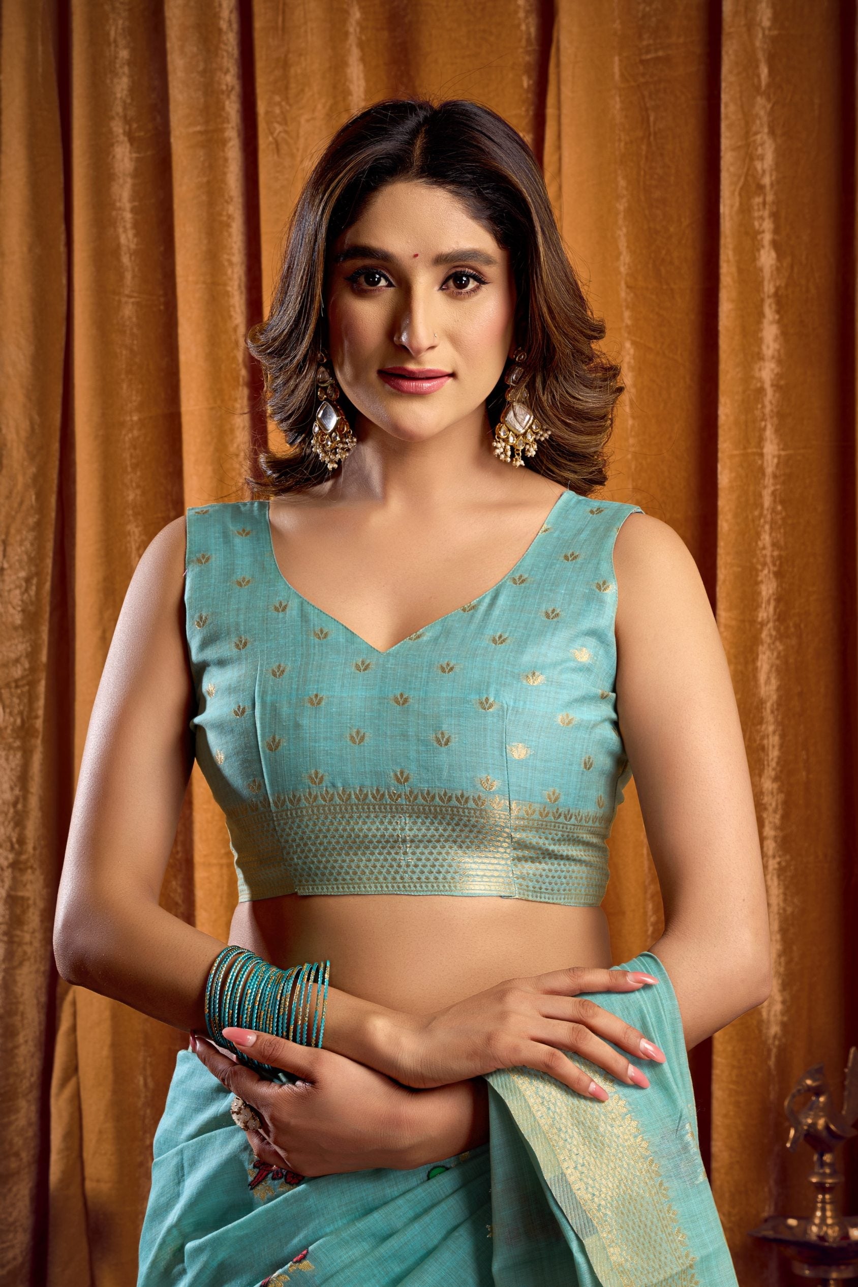 Jyoti Fashion Women's Sky Blue Khadi Cotton Mina Work Saree with Blouse | Grocsy