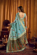 Jyoti Fashion Women's Sky Blue Khadi Cotton Mina Work Saree with Blouse | Grocsy