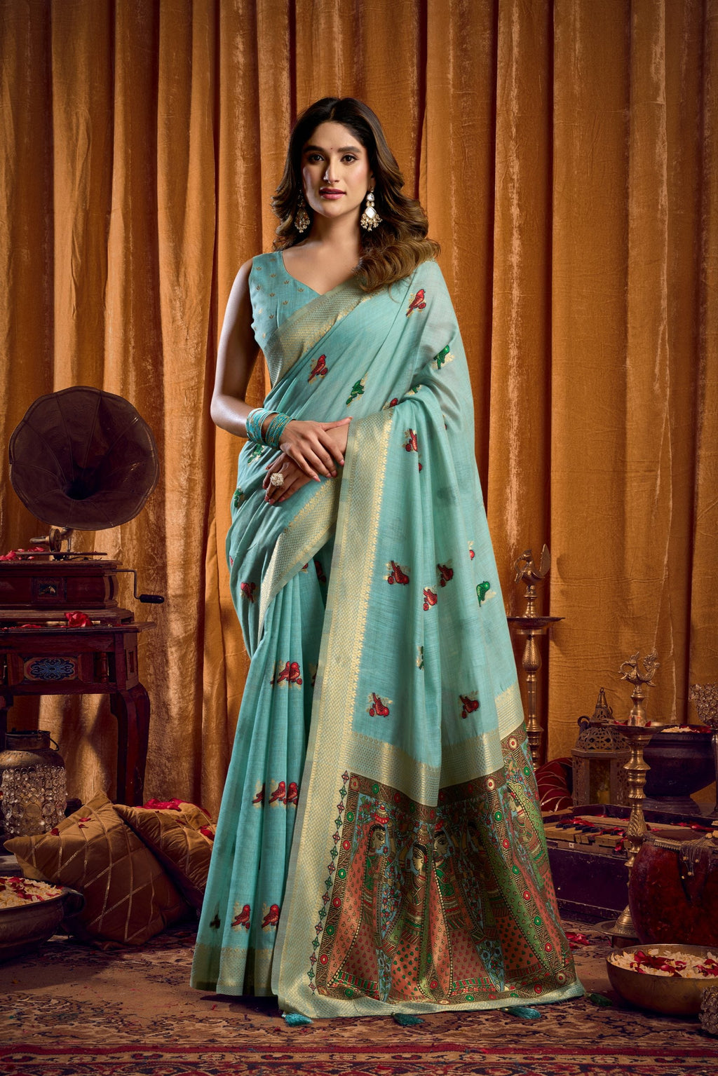 Jyoti Fashion Women's Sky Blue Khadi Cotton Mina Work Saree with Blouse | Grocsy