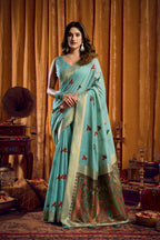 Jyoti Fashion Women's Sky Blue Khadi Cotton Mina Work Saree with Blouse | Grocsy