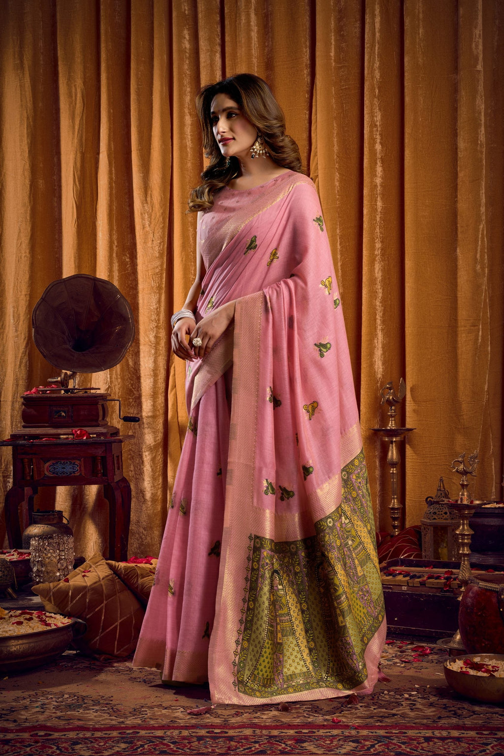 Jyoti Fashion Women's Pink Khadi Cotton Mina Work Saree with Blouse | Grocsy