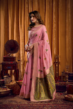 Jyoti Fashion Women's Pink Khadi Cotton Mina Work Saree with Blouse | Grocsy