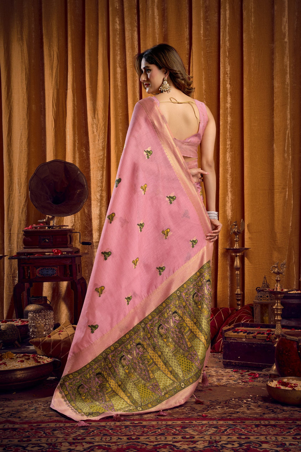 Jyoti Fashion Women's Pink Khadi Cotton Mina Work Saree with Blouse | Grocsy