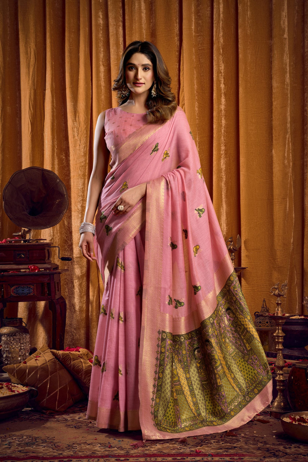 Jyoti Fashion Women's Pink Khadi Cotton Mina Work Saree with Blouse | Grocsy