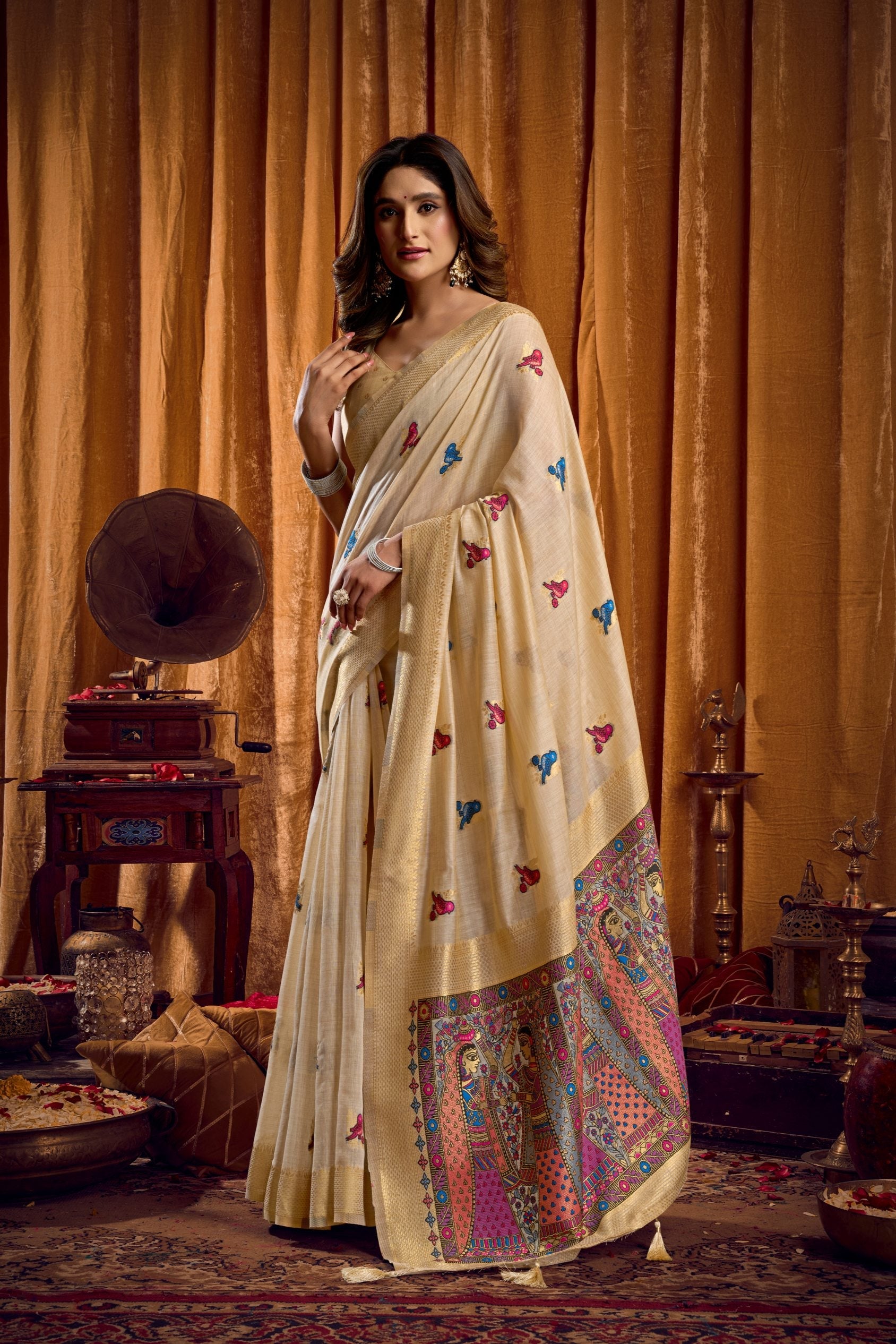 Jyoti Fashion Women's Cream Khadi Cotton Mina Work Saree with Blouse | Grocsy