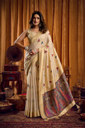 Jyoti Fashion Women's Cream Khadi Cotton Mina Work Saree with Blouse | Grocsy