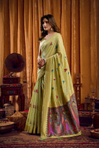 Jyoti Fashion Women's Green Khadi Cotton Mina Work Saree with Blouse | Grocsy
