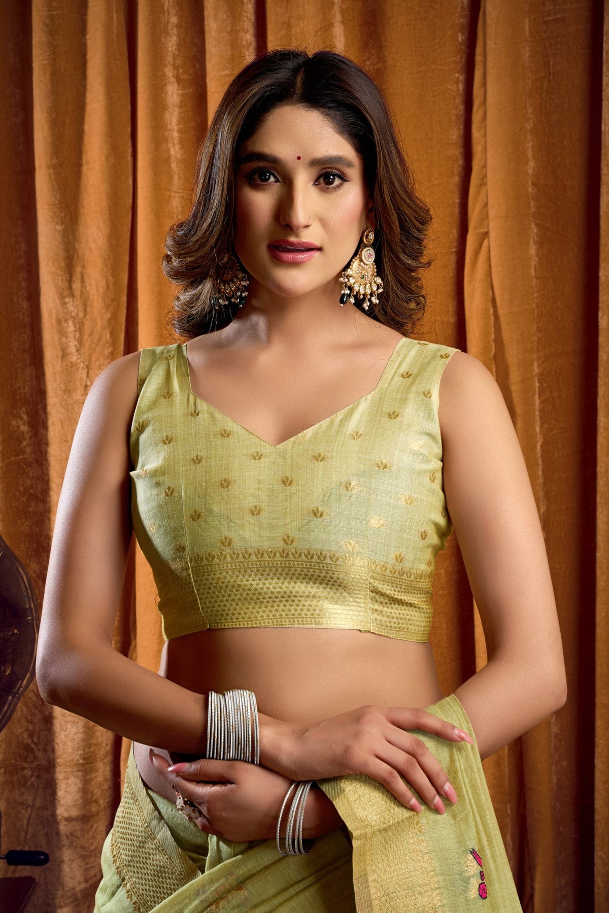 Jyoti Fashion Women's Green Khadi Cotton Mina Work Saree with Blouse | Grocsy