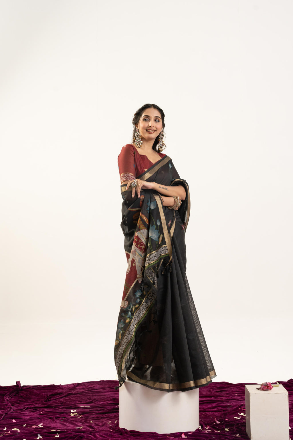 Jyoti Fashion Women's Black Soft Muga Cotton Zari Woven Saree with Blouse | Grocsy