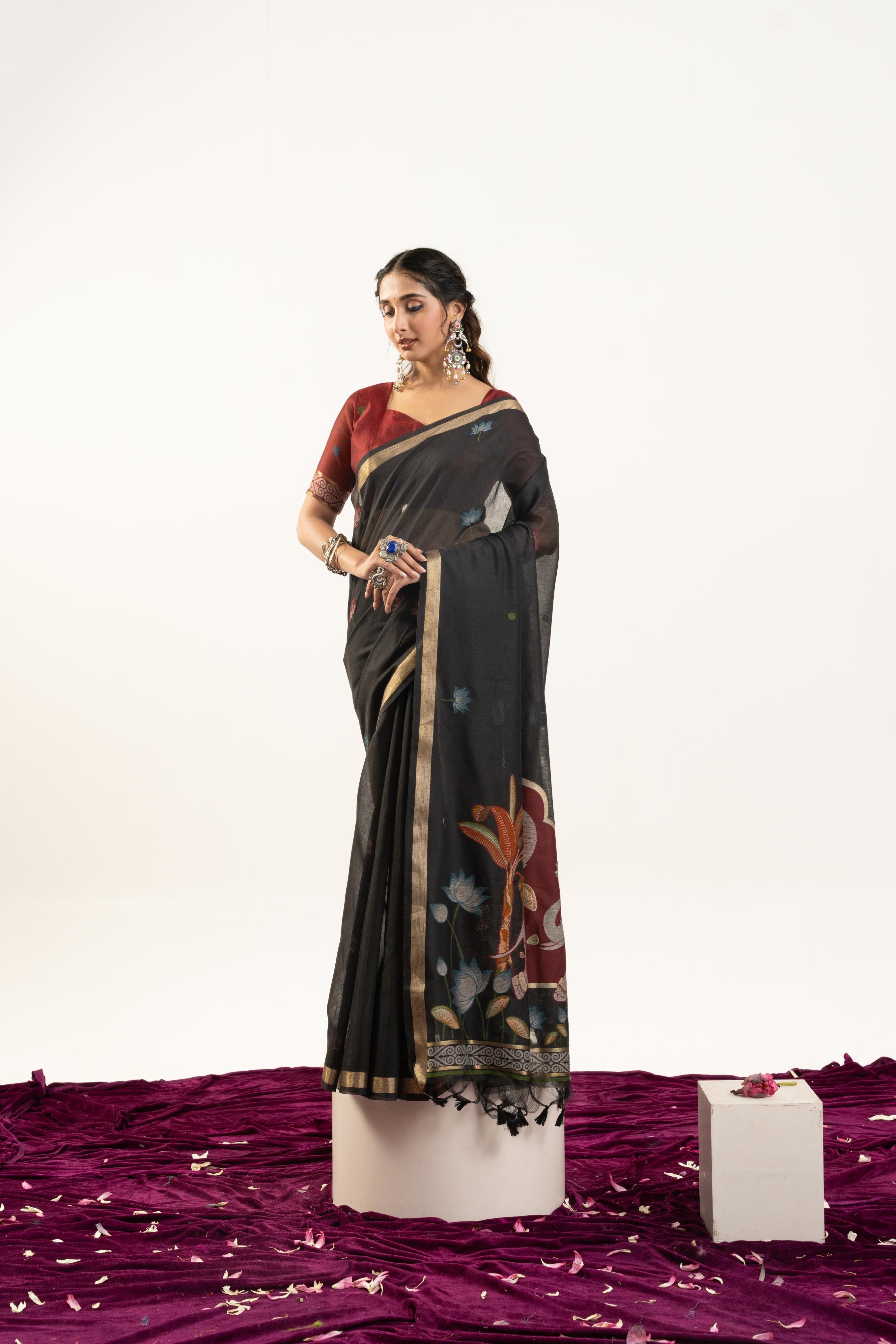 Jyoti Fashion Women's Black Soft Muga Cotton Zari Woven Saree with Blouse | Grocsy