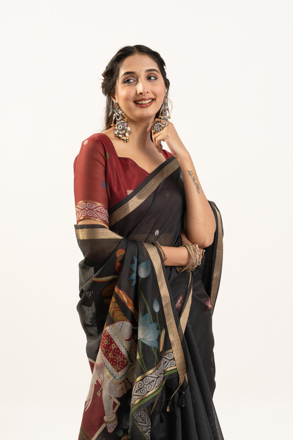 Jyoti Fashion Women's Black Soft Muga Cotton Zari Woven Saree with Blouse | Grocsy