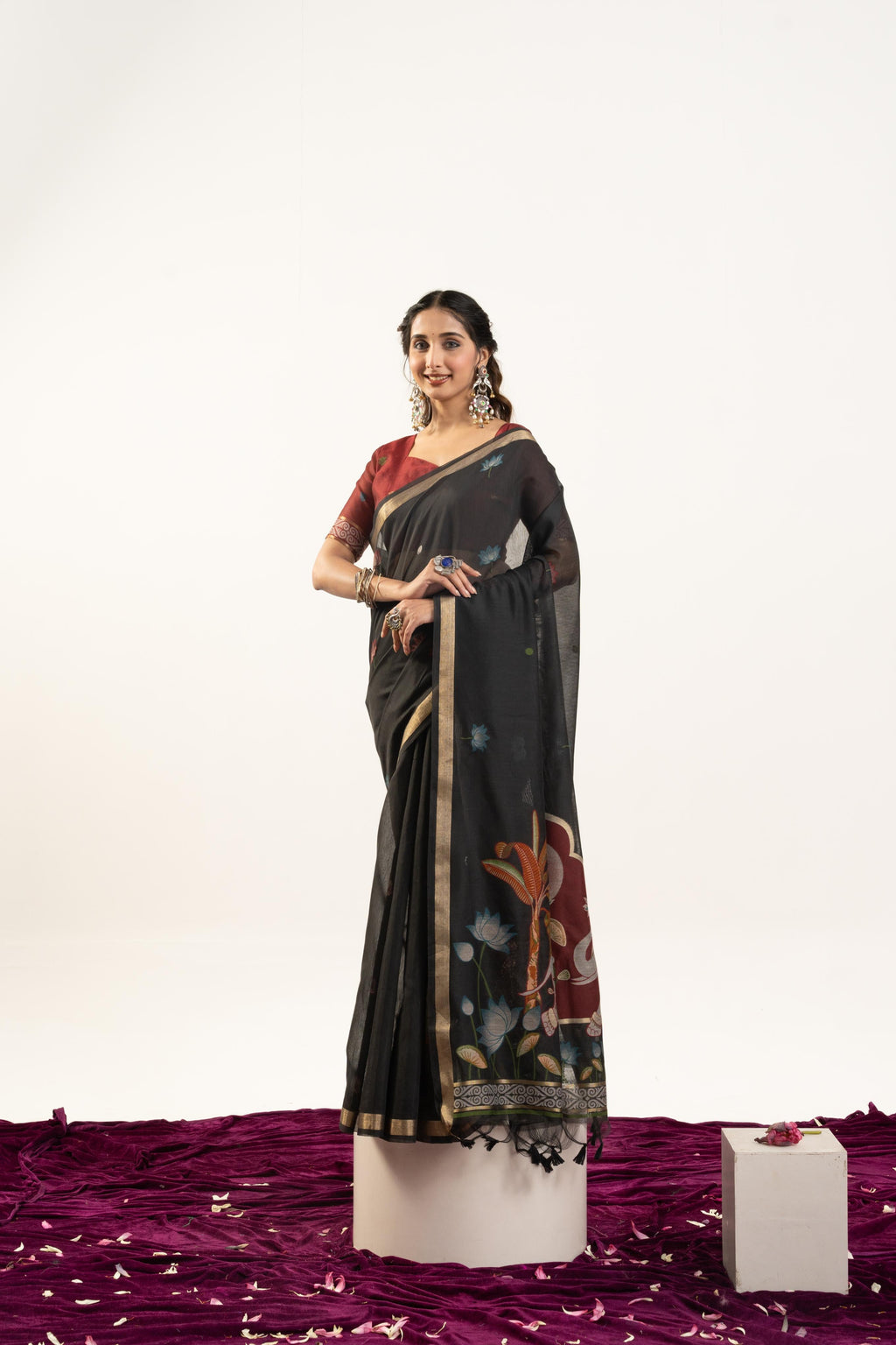 Jyoti Fashion Women's Black Soft Muga Cotton Zari Woven Saree with Blouse | Grocsy
