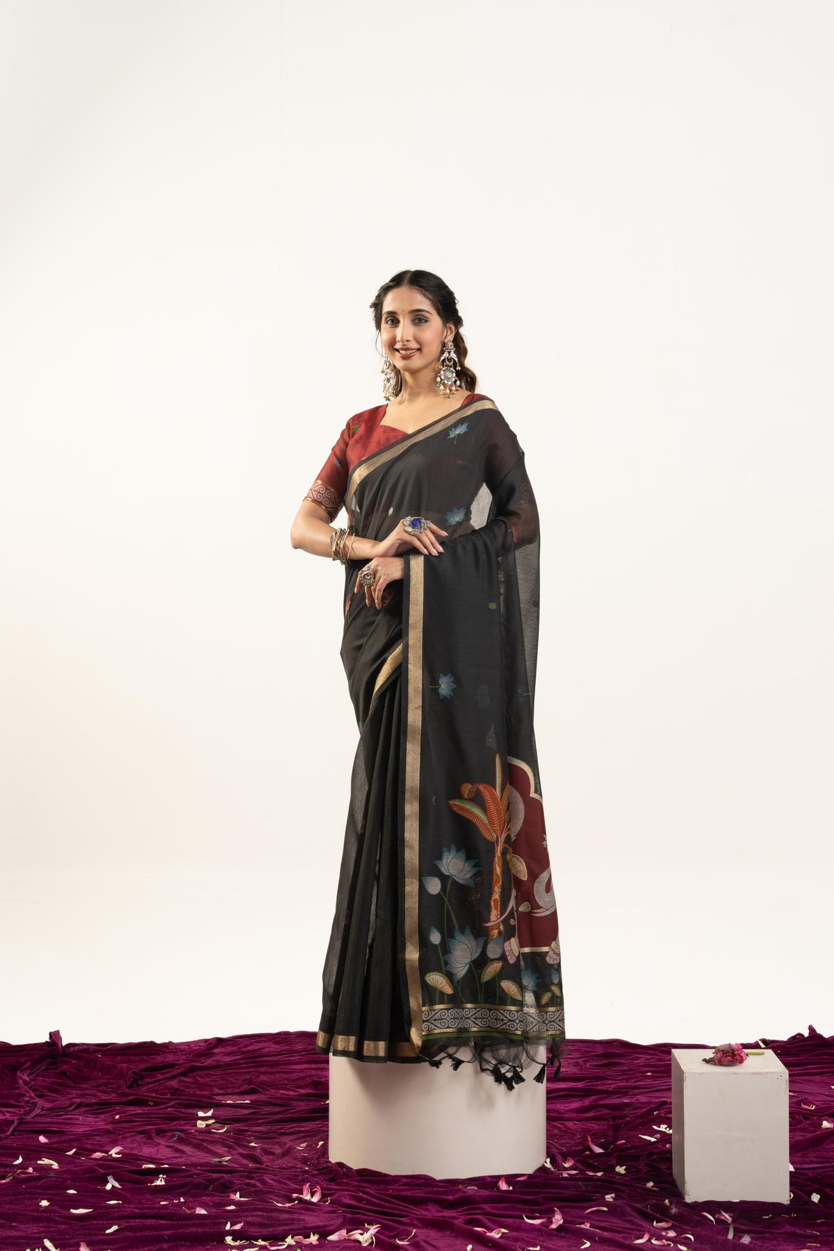 Jyoti Fashion Women's Black Soft Muga Cotton Zari Woven Saree with Blouse | Grocsy
